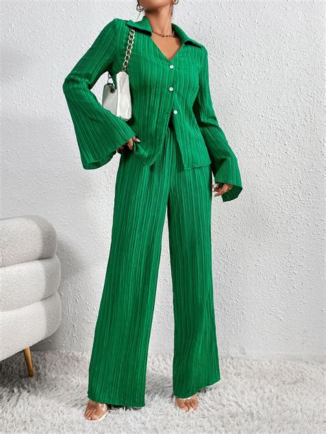 Green Casual Collar Long Sleeve Plain Embellished Slight Stretch Women