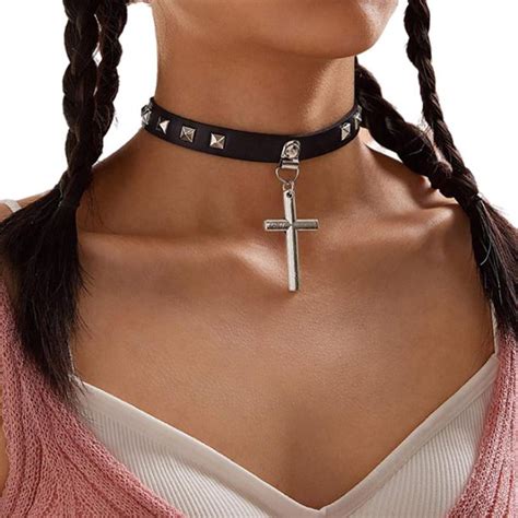 Punk Gothic Black Pu Leather Cross Choker Necklace Retro Spike Rivet Neck Jewelry Collar