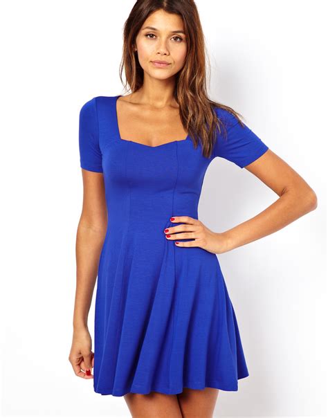 Lyst Asos Skater Dress With Sweetheart Neck And Short Sleeves In Blue