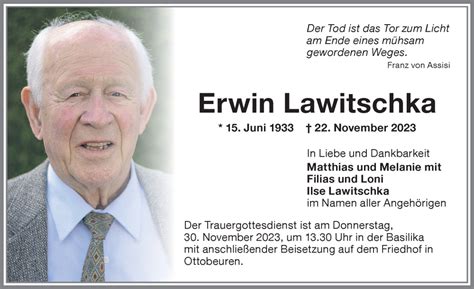 Traueranzeigen Von Erwin Lawitschka Allg Uer Zeitung