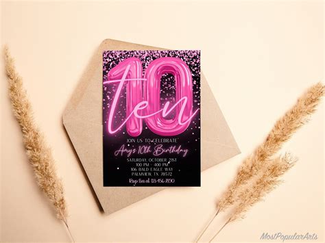 Editable Pink 10th Birthday Invitation Template Glitter Birthday Party