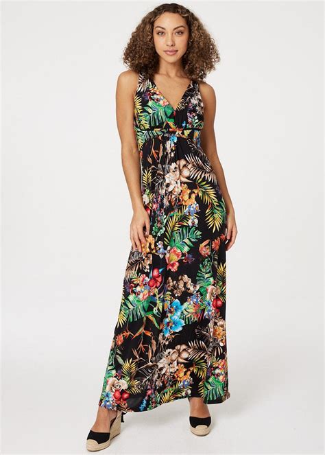 Izabel London Black Tropical Print Empire Maxi Dress Matalan