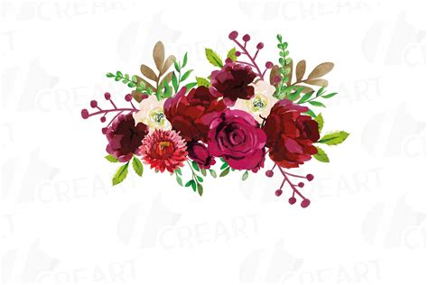 Boho Burgundy Red Watercolor Clip Art Floral Bouquets Png