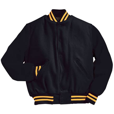 Solid Black Varsity Letterman Jacket With Light Gold Stripes