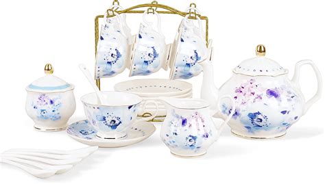 Fanquare 15 Piece Blue Rose Porcelain Tea Set British Floral Teapot