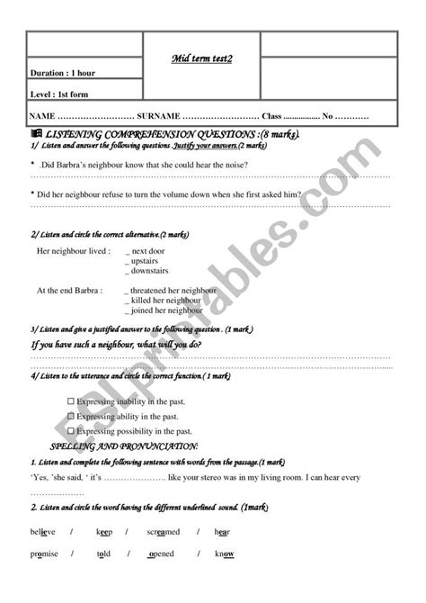 Mid Term Test First Form Esl Worksheet By Labou