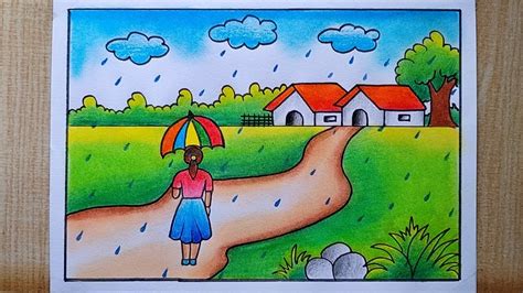 Rainy Season Village Scenery Drawing Rainy Day Drawing How To Draw