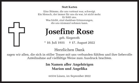 Traueranzeigen Von Josefine Rose Sich Erinnern De