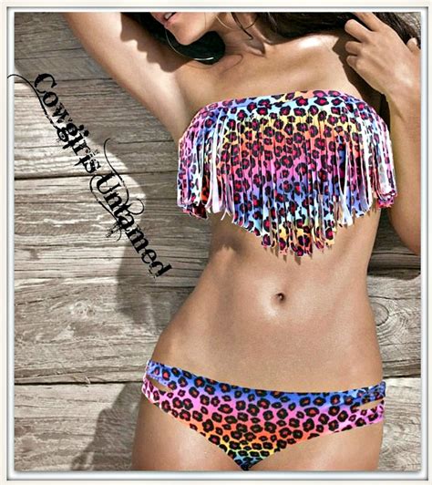 Multi Color Leopard Print Padded Fringe Strapless Top Side Slit Bottom Western Bikini Swimsuit