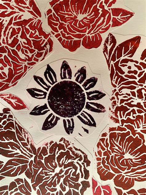 Red Rose Peony Floral Linoleum Print Flower Art Etsy