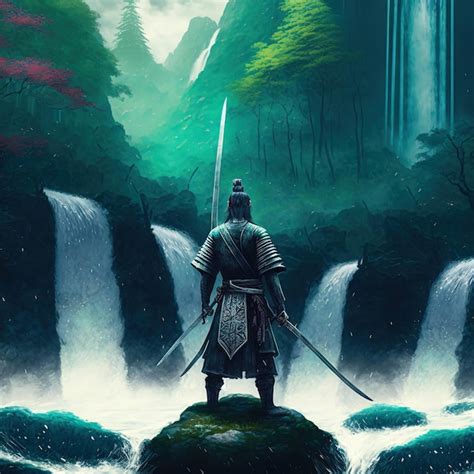 Samurai em pé perto de um estilo de arte digital de cachoeira ilustrado