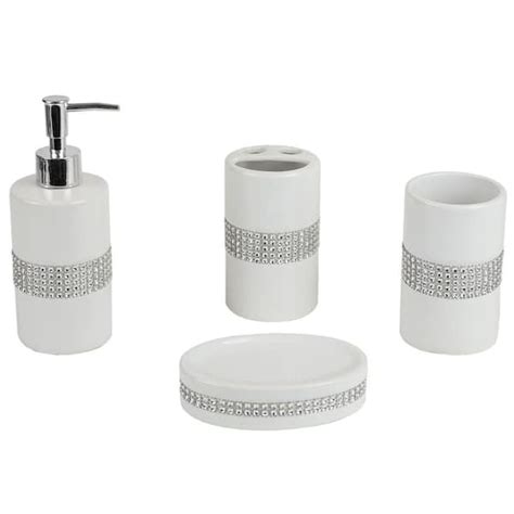 Home Basics Luxury With Stunning Sequin Accents 4 Piece Ceramic Bath Accessory Set In White