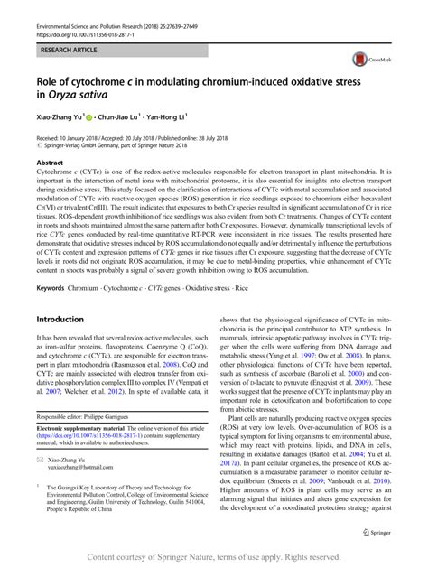 Role Of Cytochrome C In Modulating Chromium Induced Oxidative Stress In