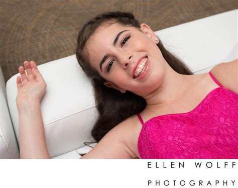 fun bat mitzvah portrait wearing a pink dress - Ellen Wolff Photography