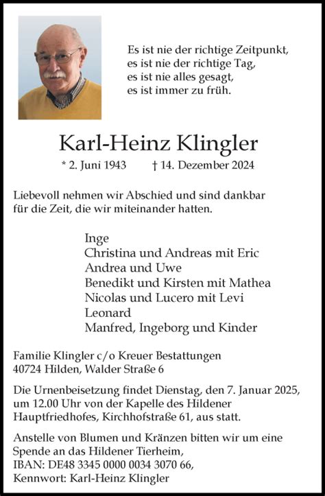 Alle Traueranzeigen für Karl Heinz Klingler trauer rp online de