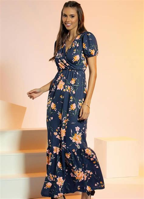 Vestido Longo Floral Marinho Moda Evangélica Rosalie