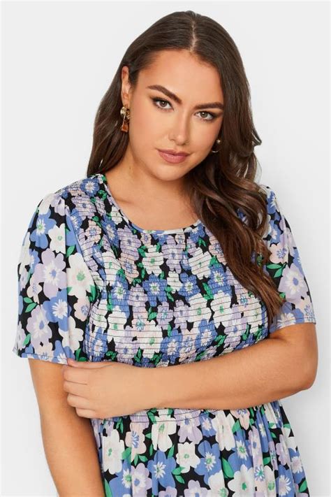 Yours Plus Size Blue Floral Print Shirred Top Yours Clothing