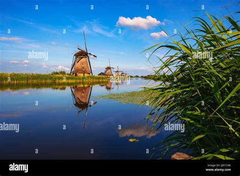 Historic Windmills And A River Flowing By In Kinderdijk Netherlands