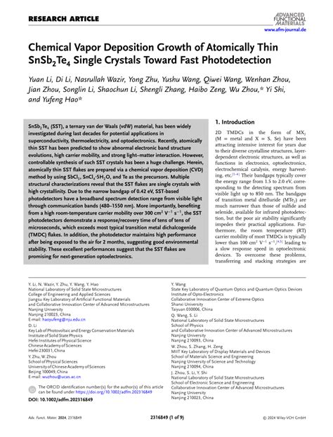 Chemical Vapor Deposition Growth Of Atomically Thin Snsb2te4 Single Crystals Toward Fast