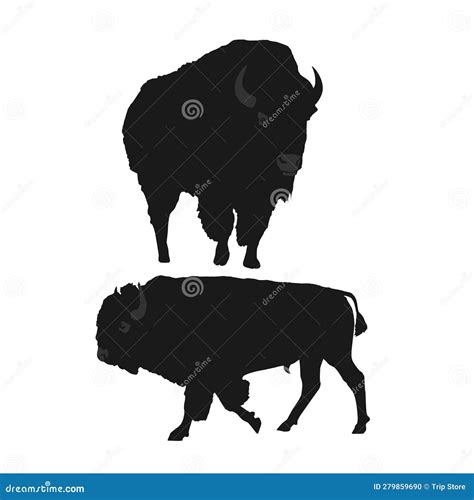 Silhouette Two Bison Are Standing With White Background Stock Vector