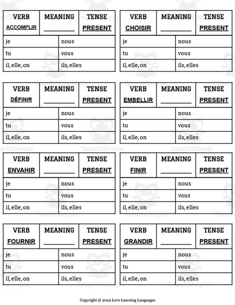 French Conjugation Tables Regular Ir Verbs Present By Teach Simple