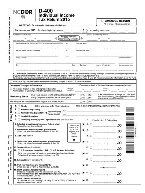 Nc Dor D 400 2015 Fill Out Tax Template Online Us Legal Forms