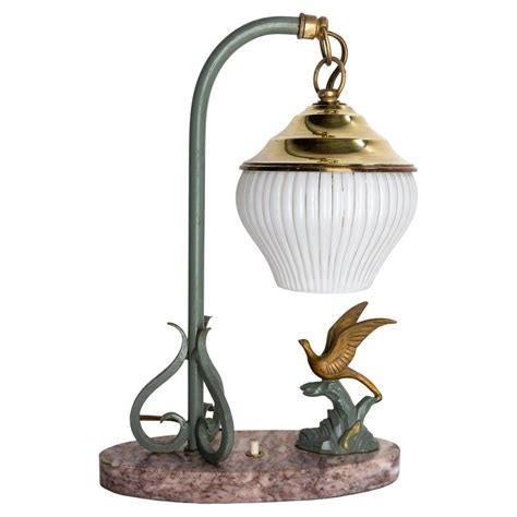 Art Deco French Brass Spelter Marble Glass Bird On Rock Table Lamp