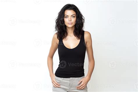 Beautiful Tanned Brunette Girl With Long Black Hair In A T Shirt White