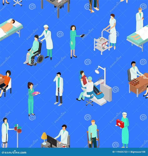 Nurses Attending Patients Seamless Pattern Background Isometric View