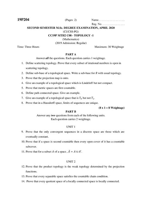 Mth C Topology Question Paper P Pages Name