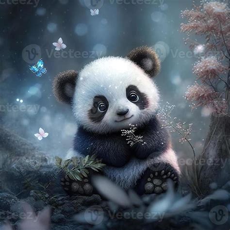 Cute Baby Panda With Winter Fairy Background 22249592 Stock Photo At