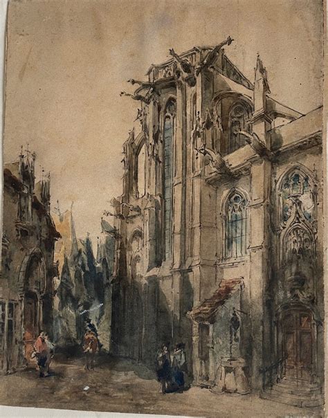 Proantic Tableau Aquarelle La Cathédrale De Rouen Par Victor Edmond