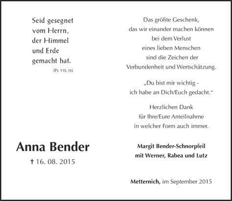 Traueranzeigen Von Anna Bender Rz Trauer De