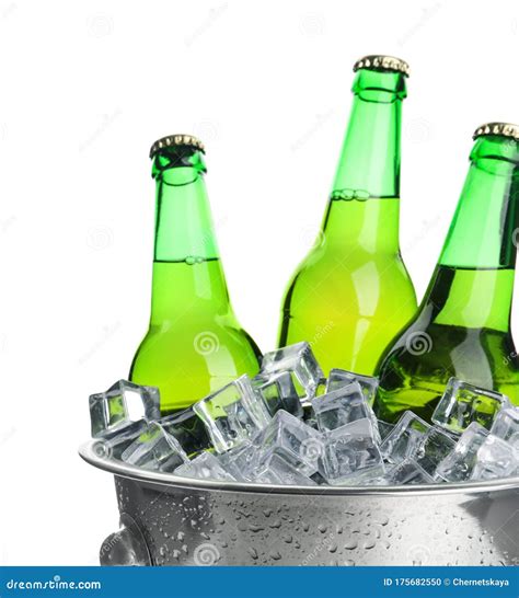 Metal Bucket With Bottles Of Beer And Ice Cubes Isolated Stock Photo