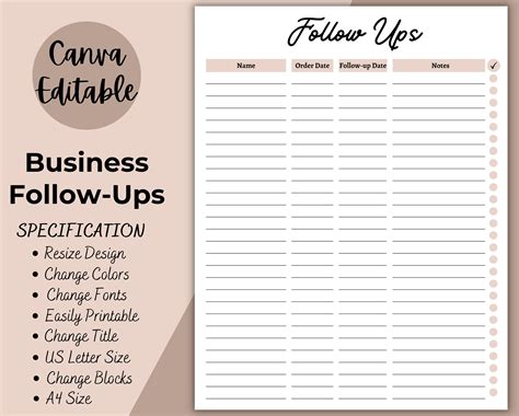 Business Follow Ups Printable Customer Log Small Business Etsy