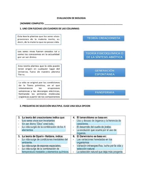 Teorias Del Origen De La Vida Interactive Worksheet Online Activities