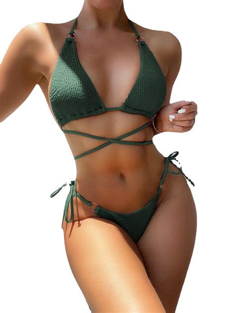 Strój Kąpielowy Dwuczęściowy Bikini Z Wysokim Stanem Wiązanie Zielony M Inna marka Moda