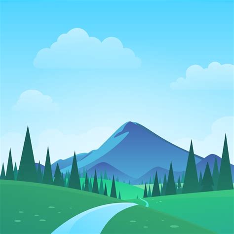 Paisaje de montaña y valle verde con árboles y río Vector Premium