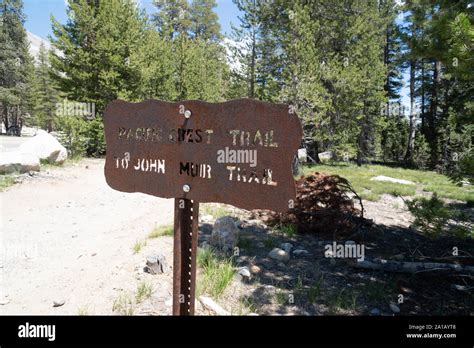 Sign along Yosemite National Park Tioga Pass for the Pacific Crest Trail and John Muir trail ...