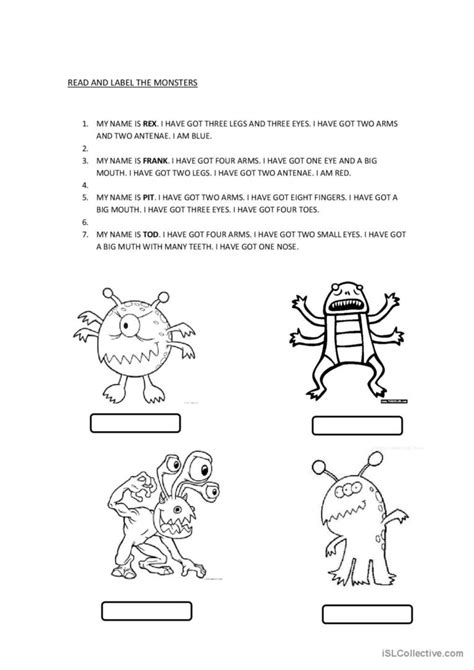 Reading Monsters Body Parts English Esl Worksheets Pdf Doc