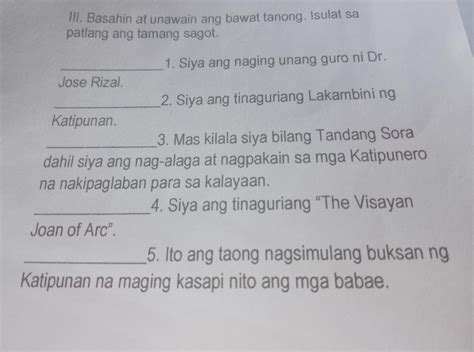 III Basahin At Unawain Ang Bawat Tanong Isulat Sa Patlang Ang Tamang