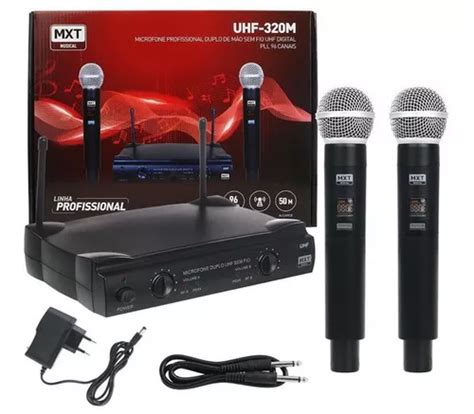 Microfone Sem Fio Duplo De Mão Mxt Uhf 320m 96 Canais 50m Cor Preto