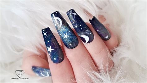 Galaxy Nails With Rainbow Cat Eye Magnetic Gel Polish Stars And Moons