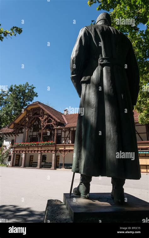 Innsbruck City Landscape Statue Of Emperor Franz Josef At His Summer House At Bergisel Stock