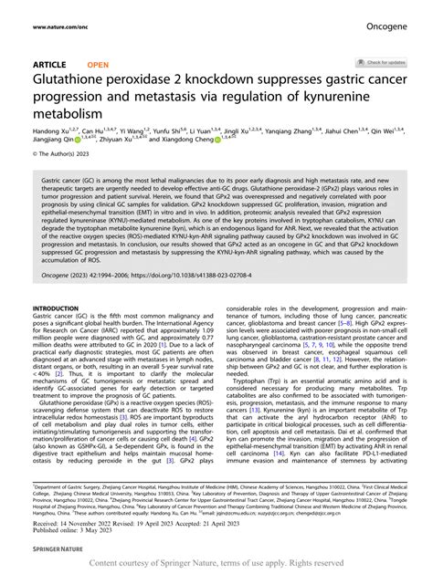 Pdf Glutathione Peroxidase Knockdown Suppresses Gastric Cancer