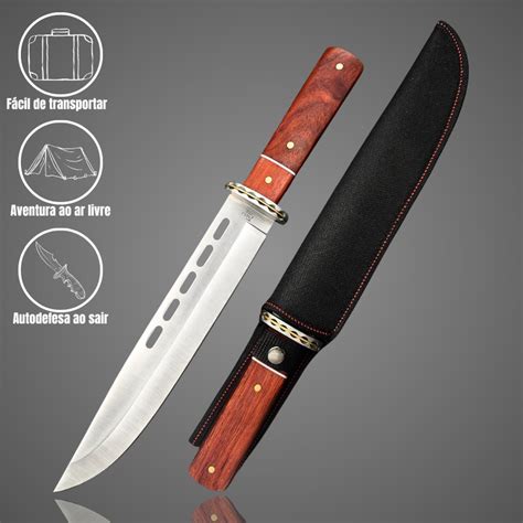 Facao De Caça E Pesca - Facão Caça Camping e Pesca 38cm com Lâmina Aço Inoxidável Vazada no ...