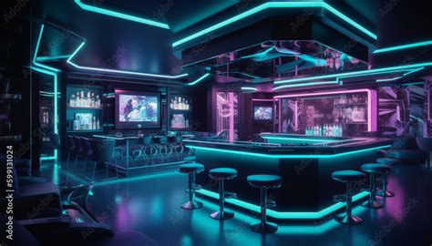 Modern Nightclub With Glowing Neon Luxurious Bar Counter Generated By