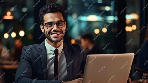 Premium Ai Image A Man With Glasses Working On A Laptop