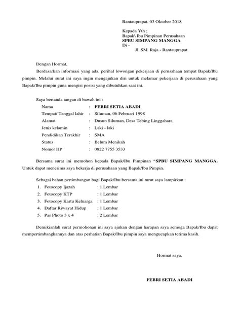 Surat Lamaran Kerja Spbu 53 Koleksi Gambar