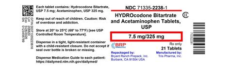 Hydrocodone Bitartrate And Acetaminophen Tablets Usp Cii 5 Mg 325 Mg 7 5 Mg 325 Mg 10 Mg 325